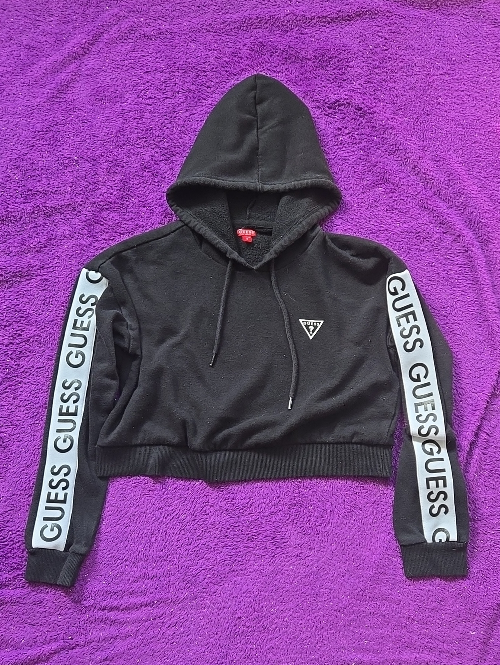 Guess Black Cropped Hoodie with White Logo Sleeve Stripes